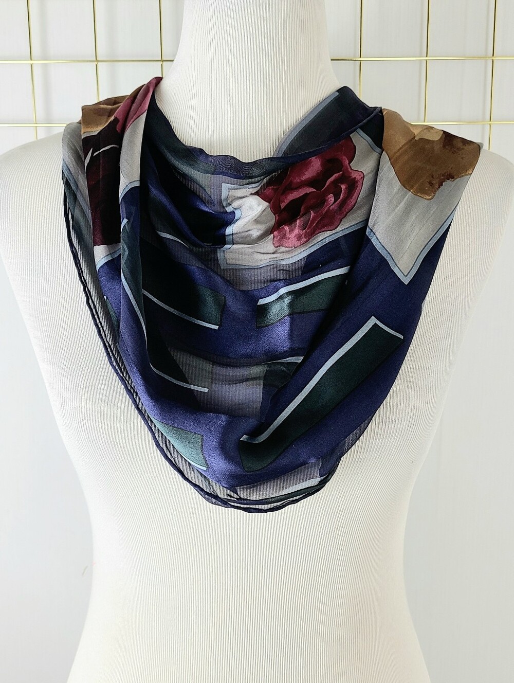 Halston Navy Burgundy Rose Floral Oblong Vintage Silk Scarf